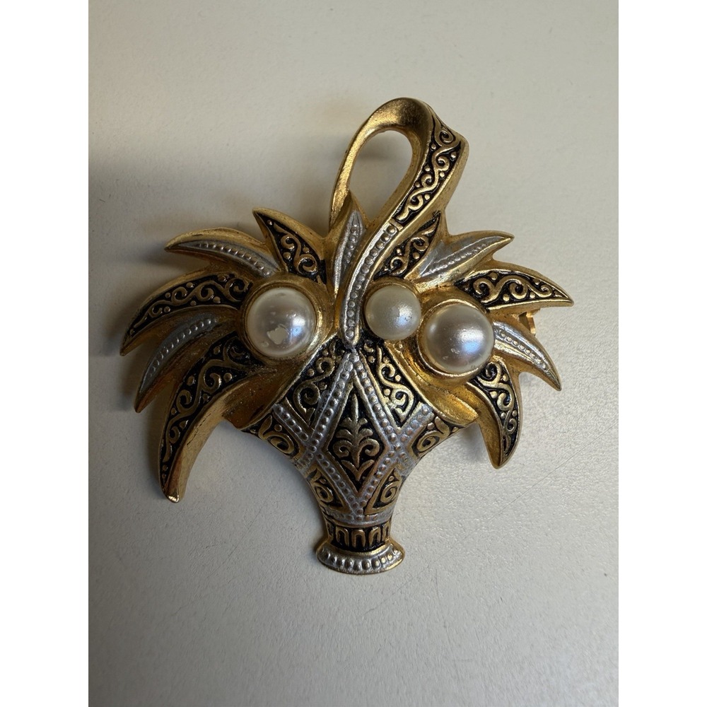 Vintage Spain Damascene Basket Brooch Faux Pearls Gold Silver Black Enamel